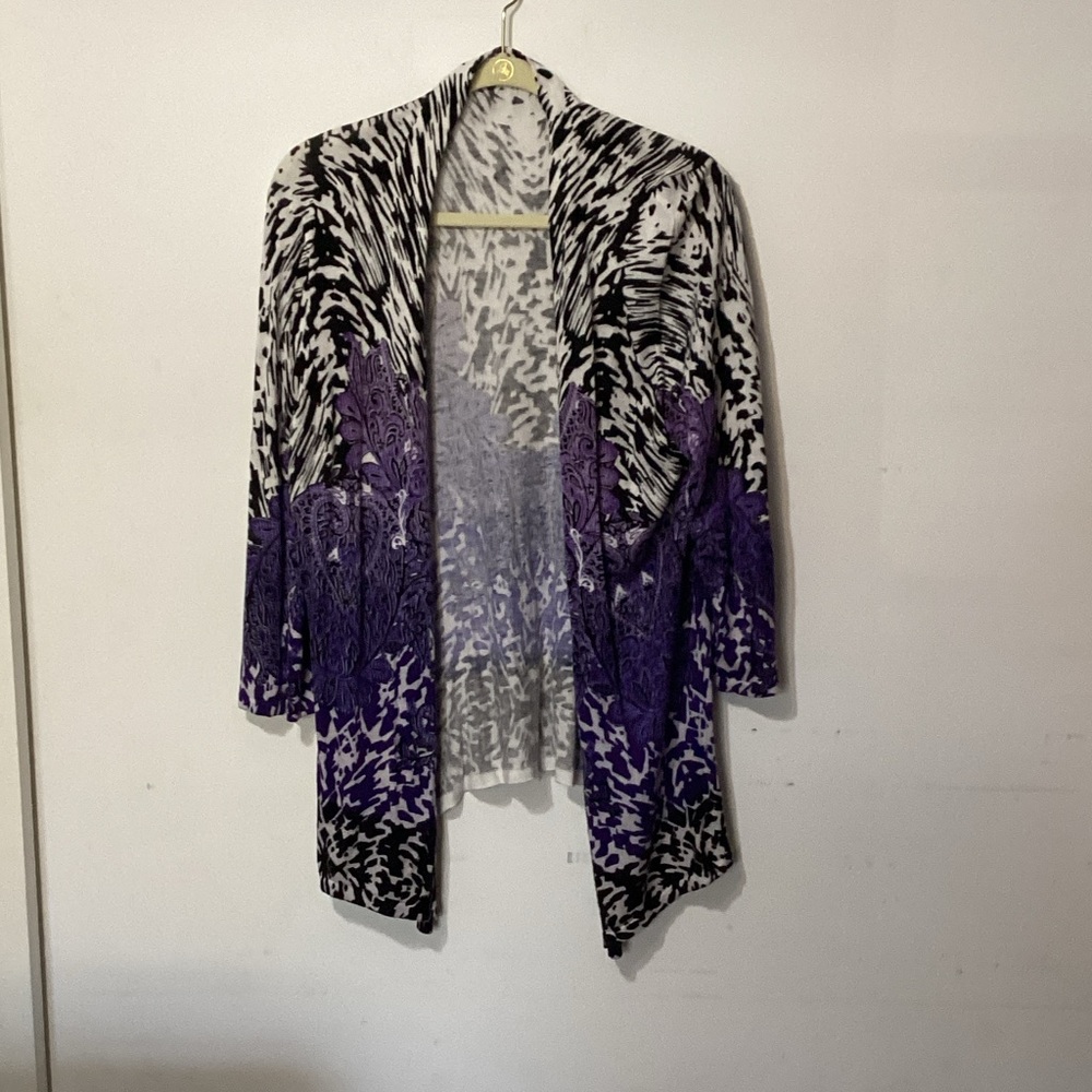 Bold Mixed Print Open-Front Cardigan Purple Paisley & Zebra Print Size Large